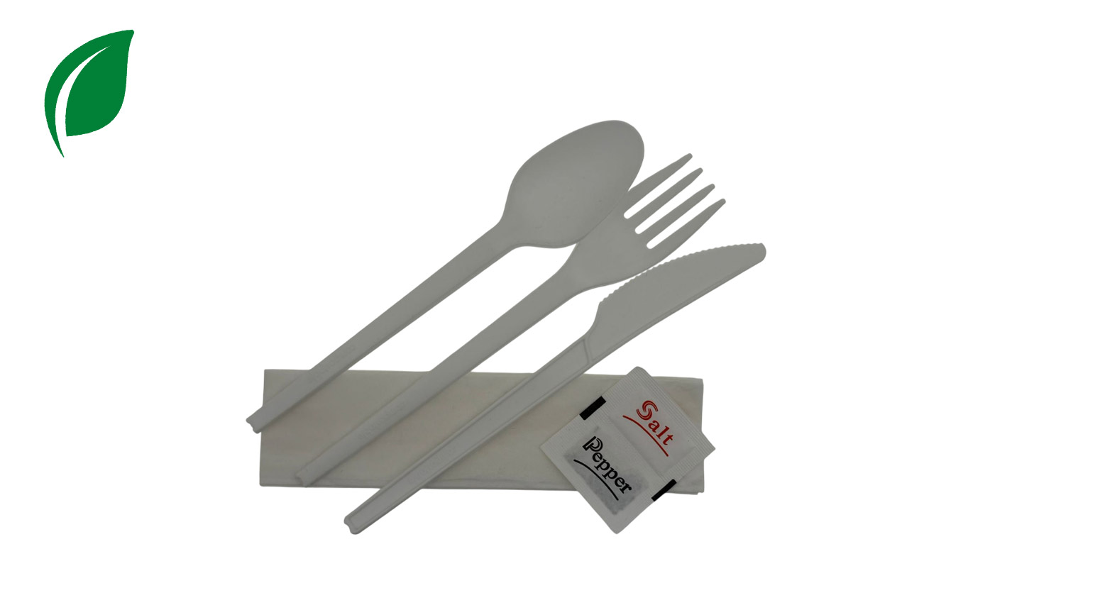 Besteckset ÖKO-LINE (Messer, Gabel, Löffel, Serviette, Salz/Pfeffer), CPLA, weiss