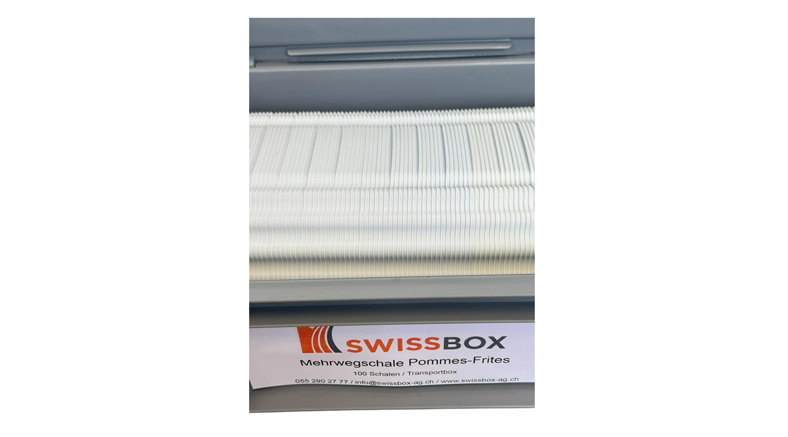 Pommes-Frites Schale, Mehrwegteller, 190x110x40 mm, PP, weiss, inkl. Transportbox