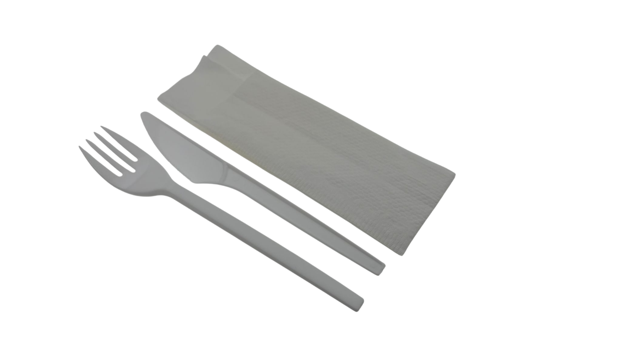 Besteckset (Gabel, Messer, Serviette) 155 mm, weiss, PS